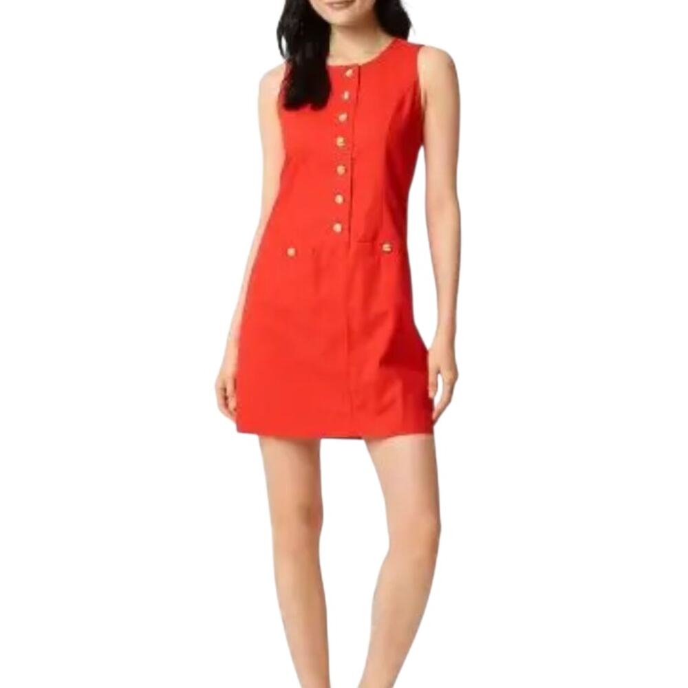 J Crew Red Linen Cotton Gold Button Front Mini Shift Dress Sleeveless Small 4